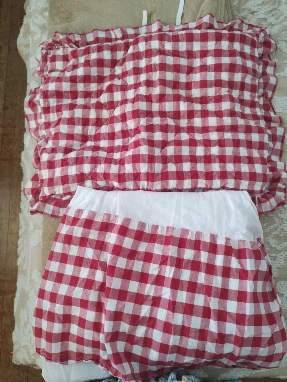 April &Olive VHC Brand gingham red &white bed skirt with pillow sham